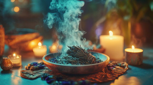 Burning Sage Smudge and Candles in Spiritual Ambience