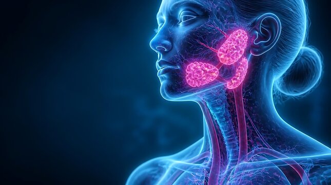 Detailed digital illustration highlighting the human endocrine glands within the neck and upper chest showing their size,
