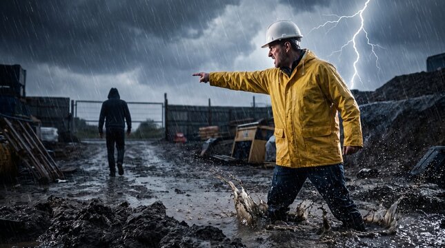 Construction worker in rain pointing at mysterious figure during thunderstorm.