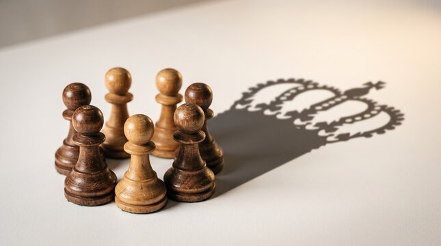 Chess Pawns Casting a Royal Shadow: A group of chess pawns, representing humble beginnings, are illuminated by a strong light source, casting a shadow in the shape of a regal crown.