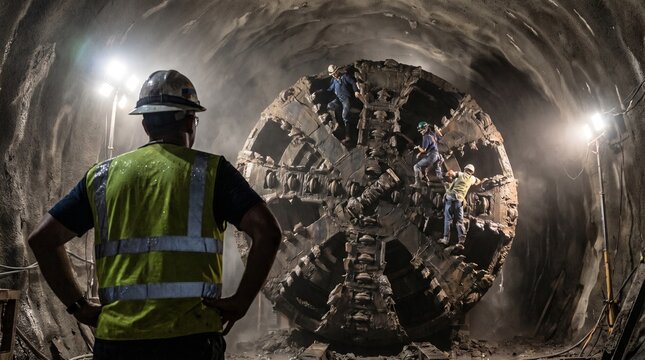 Worker observing massive tunnel boring machine in underground excavation site.