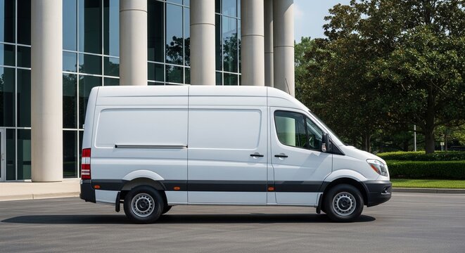 Modern White Cargo Van Parked Outdoors Near a Contemporary Building with Reflective
