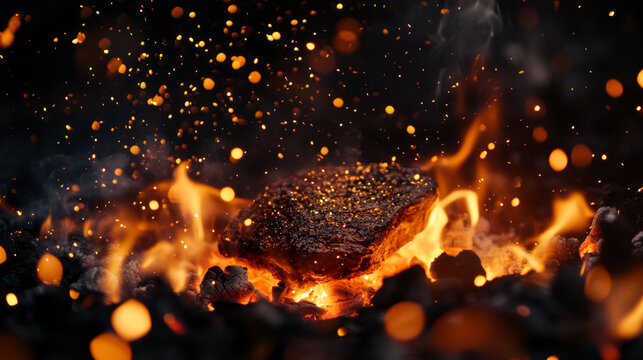 Steak Cooking Directly on Hot Burning Charcoal