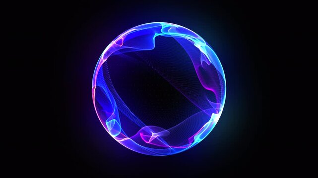 Futuristic neon sphere with purple and blue digital waves. Abstract sphere background, virtual technologies, innovations, AI. Glowing energy sphere and globe, gradient waves and light dynamic motion