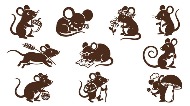 Cute brown mouse character icons in various poses.