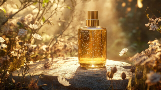 Luxurious Perfume Bottle Among Delicate Wildflowers in Golden Light