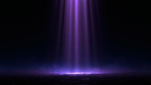 Vibrant purple light beams pierce darkness, illuminating dust motes on a textured surface