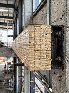 Cross laminated mass timber structural beam element mounted on modern steel building frame