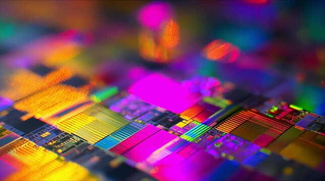 Extreme close up of silicon microchip wafer with vibrant golden and magenta light movement during precision semiconductor manufacturing process (AI Generated)