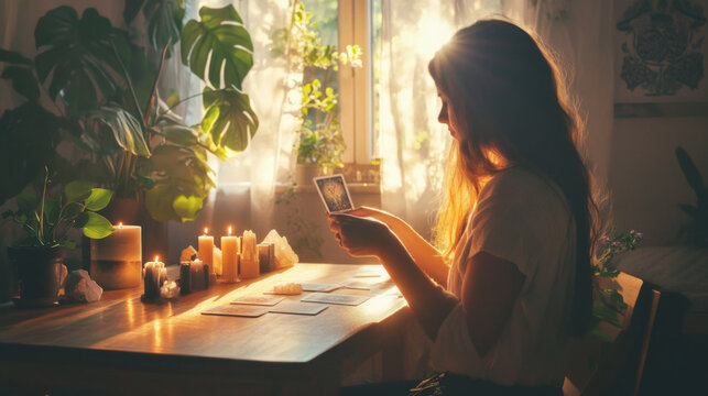 Woman Practicing Tarot Reading in a Bohemian-Inspired Space