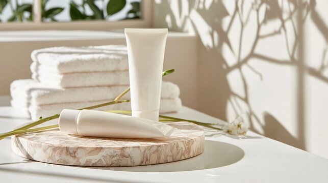 Tubes de cr&egrave;me cosm&eacute;tique pos&eacute;s sur un plateau en marbre dans une salle de bain lumineuse