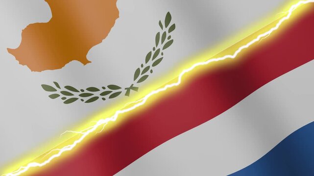 Two waving flags Cyprus and Netherlands with diagonal lightning seamless, 4k loop