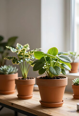 Fototapeta premium Indoor gardening and home decor, potted houseplants on a wooden shelf by a window with natural light