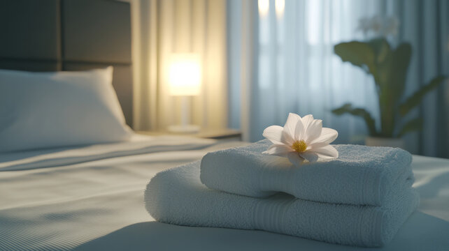 Elegant Hotel Room with Fresh Towels and Frangipani Flower