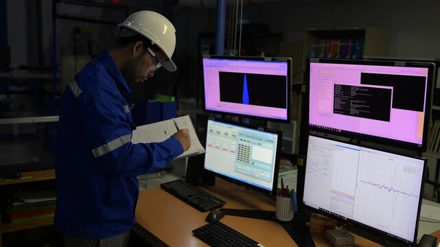 Inside the large Industry Factory male Computer Engineer Works on Personal Computer She coding program for control machine,Thailand people work on fours monitors,Programmer working with serious
