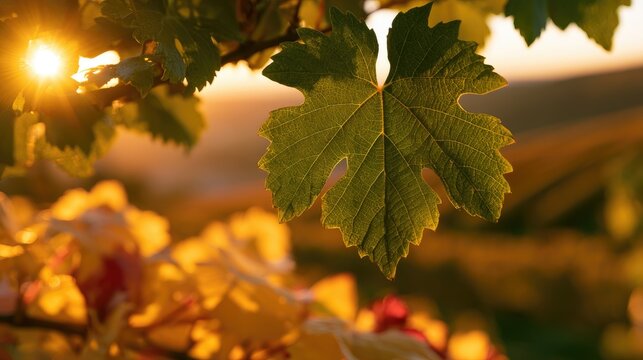 Sunlit vine leaves in soft focus, casting warm golden light over a vineyard