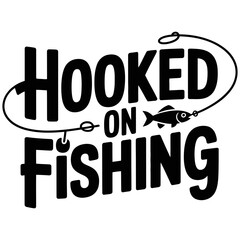 Naklejka premium Hooked on fishing typography featuring a bold black text layout with a curved fishing line and a small fish on white background