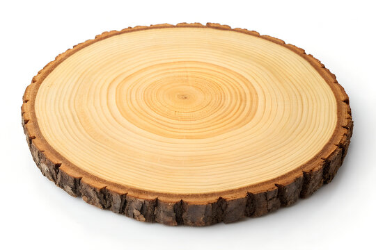 Top view of circular wooden stump showing detailed growth rings with dark bark isolated on transparent bg.

