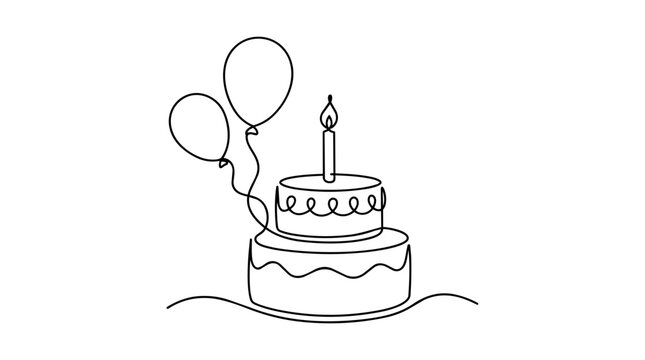 Birthday cake one line drawing isolated on transparent background
