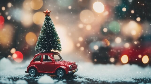 Festive miniature scene: red vintage toy car carrying Christmas tree on snowy surface, magical bokeh lights background creates cozy holiday atmosphere.