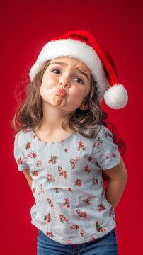 Adorable child wearing a festive Santa hat stands against a vibrant red background, playfully puckering lips, adding a touch of whimsy and joy to the holiday season feeling.
