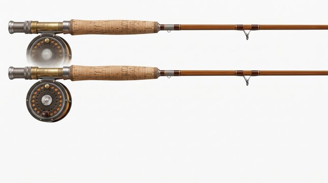 Two vintage fly fishing rods with reels isolated on white. Fishing provides a peaceful escape for mental clarity and relaxation. Ideal for outdoor leisure or men's health content.