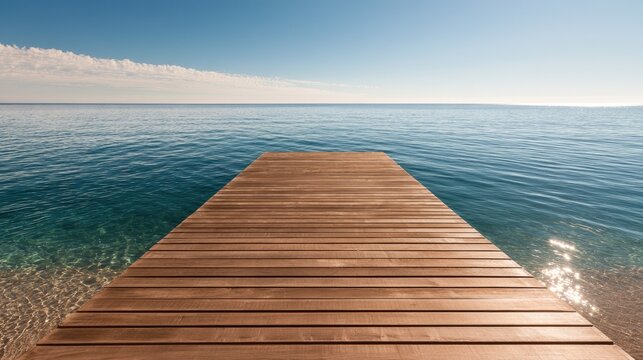 A wooden pier extends into a calm, blue ocean under a clear sky