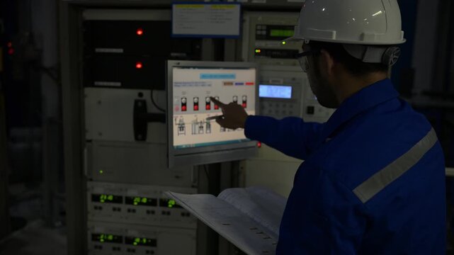 Professional engineer monitoring industrial automation system on digital screen in high-tech factory control room. Concept of smart manufacturing, technical data analysis, and modern engineering.