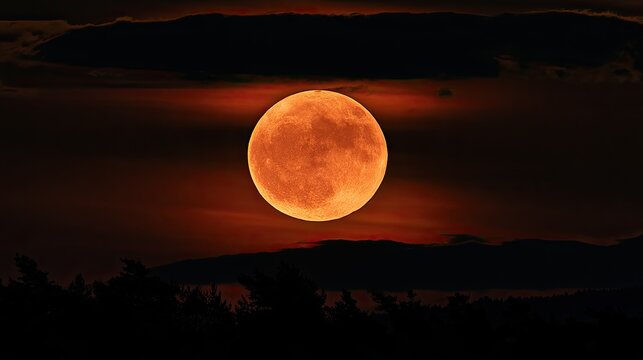 Luminous orange moon shrouded by dark clouds over silhouetted trees