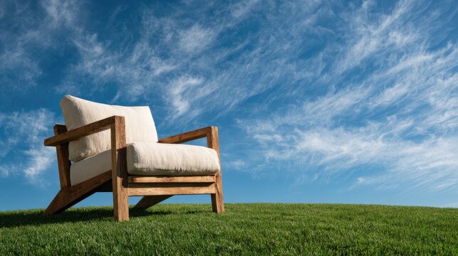 A solitary armchair rests on a vibrant green hill under a vast, cloud-streaked blue sky