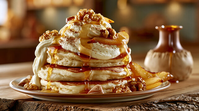 Professional food photograph of a tall stack of pancakes topped with whipped cream, walnuts, cinnamon, and dripping maple syrup on a rustic wooden plate.