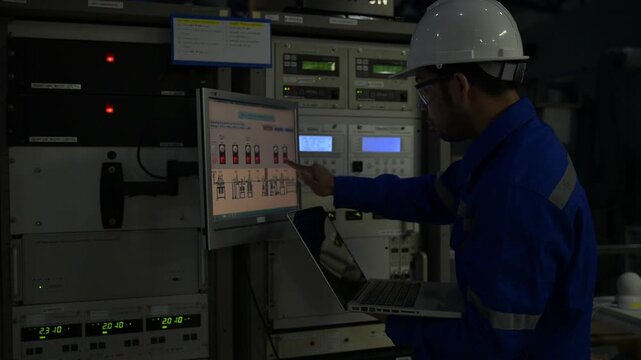 Professional engineer monitoring industrial automation system on digital screen in high-tech factory control room. Concept of smart manufacturing, technical data analysis, and modern engineering.