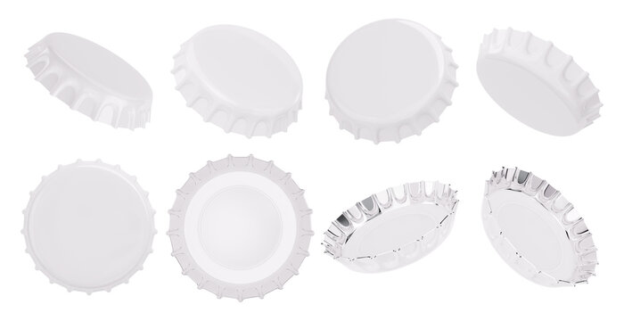 Set of blank white crown cork bottle caps floating in dynamic angles showcasing pristine tops and metallic undersides perfect for versatile beverage packaging mockups. 3D Rendering.
