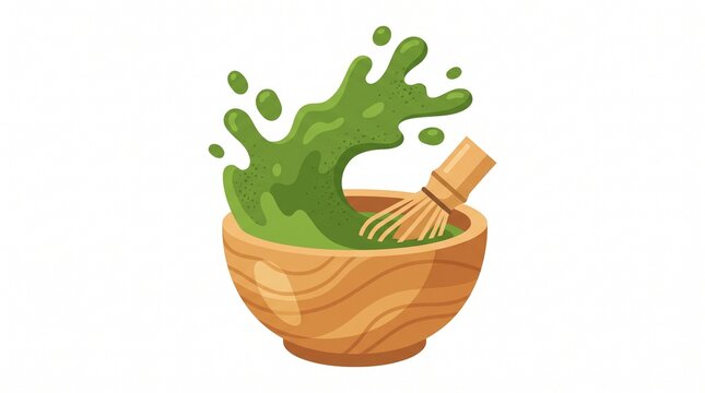 Splashing matcha green tea in wooden bowl with bamboo whisk, flat vector illustration