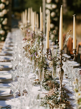Close-up photograph of a long outdoor banquet table beautifully decorated with tall candles in candelabras, crystal glassware, and fresh wildflowers.