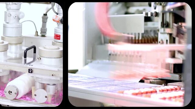 Pharmaceutical Manufacturing Split Screen Pills and Ampoules Production. Multi-window concept highlighting automated drug packaging, high-speed robotic arms, and female technicians monitoring lines.