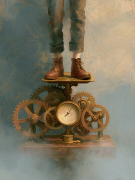 A softly painted conceptual art piece in an oil canvas style showing a person's legs standing on an intricate bronze gear mechanism weight scale with a gauge dial.