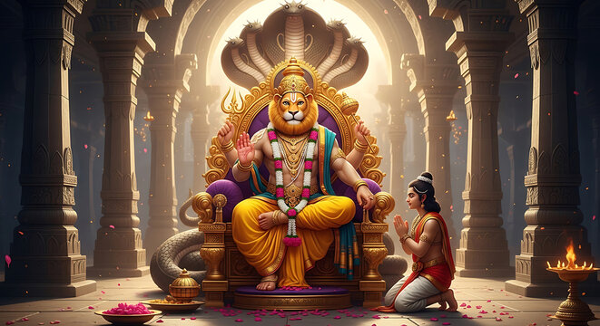 Lord narasimha sitting on a golden throne with a devotee kneeling in a temple