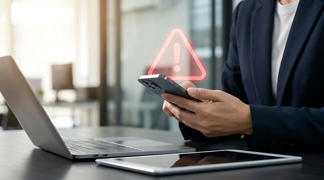 Man sitting at a desk with laptop handling an urgent system notification or security warning message on his mobile device