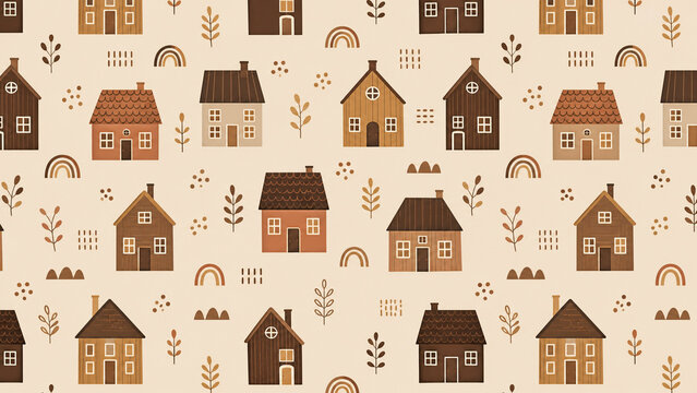 温かなベージュと木の色の北欧風ハウスシームレスパターン