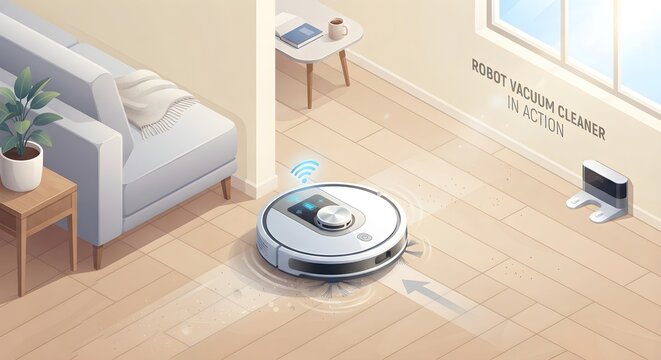 Isometric vector illustration of a modern smart robot vacuum cleaner cleaning wooden floor in living room, automated home technology concept