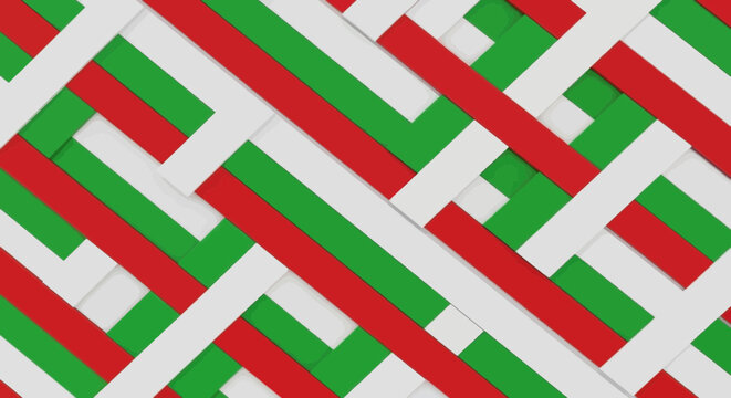 Abstract background with interwoven red, green, and white stripes