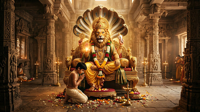 Lord narasimha deity with devotee in ancient temple setting