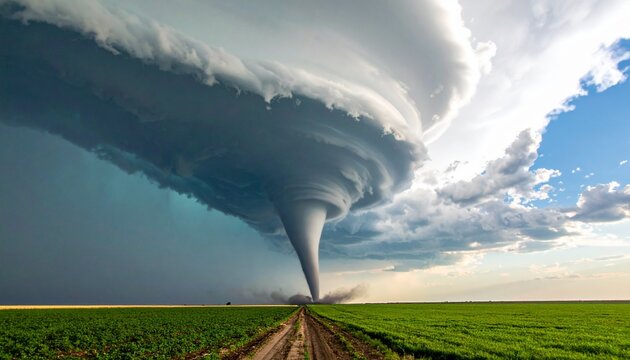 Massive Tornado Funnel Touching Down Over Open Green Farmland Under Dramatic Stormy Sky