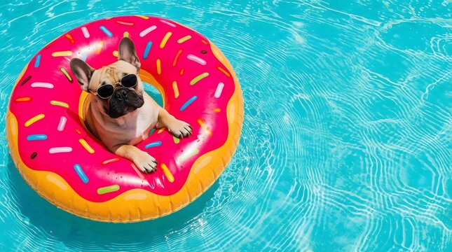 Small dog relaxing on a donut float in a swimming pool
