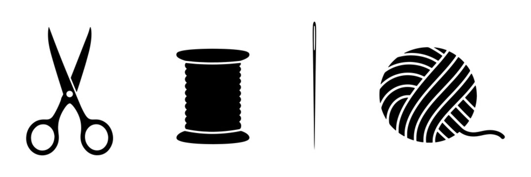 Set of a silhouette scissors, thread spool, needle, and yarn ball icons