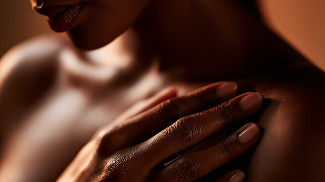 A high-end detailed close-up portrait photograph focusing on a dark-skinned woman&rsquo;s hand gently resting on her bare shoulder, showcasing smooth skin texture and manicure.