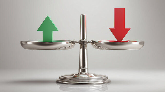 Balanced scale with green upward and red downward arrows, symbolizing comparison, financial growth and decline, business performance, market trends, risk assessment, and decision making.