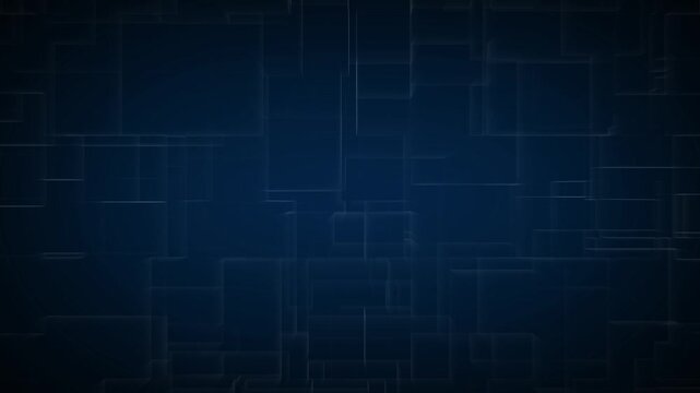 Abstract dark blue geometric background displays glowing lines and cubes. Futuristic digital perspective forms this geometric background. High tech 3D motion animates the geometric background.