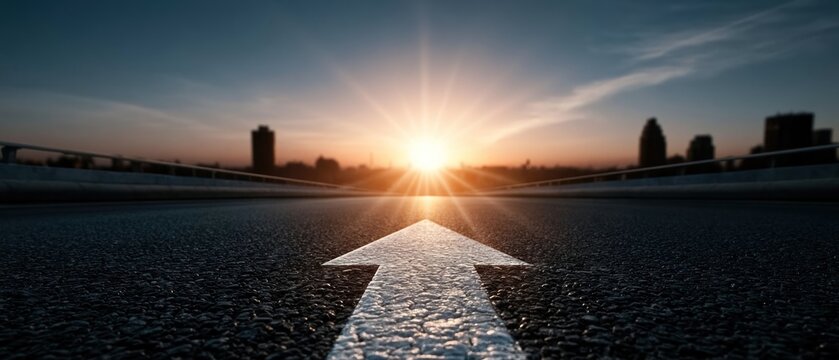 Forward arrow on road towards bright sunrise over city skyline